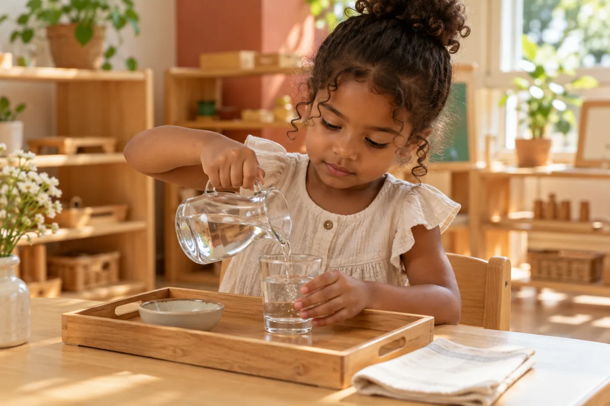 Un niño practicando cómo servir agua