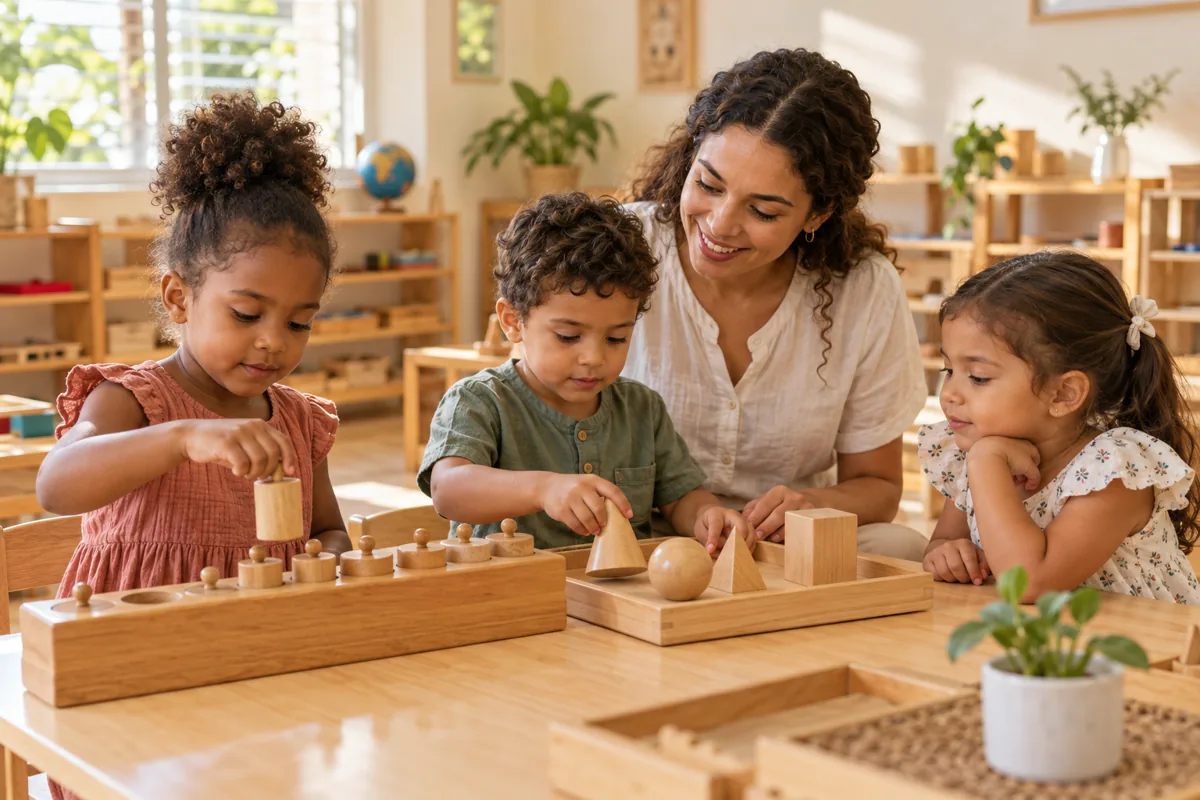 Una guía y tres niños explorando materiales de madera