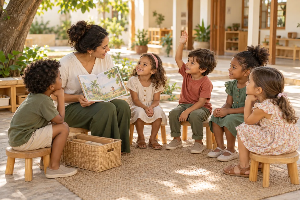 Niños y su guía compartiendo un cuento en círculo