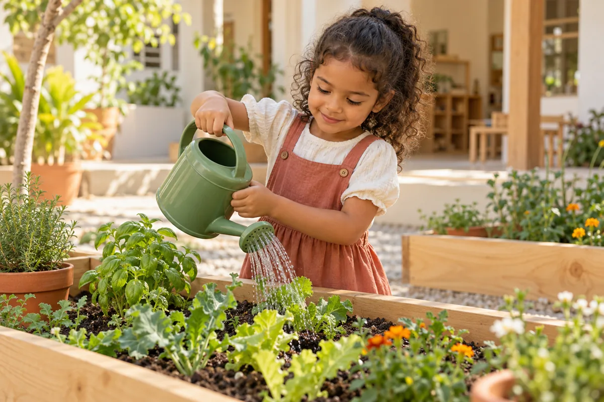 Una niña regando plantas en un pequeño huerto