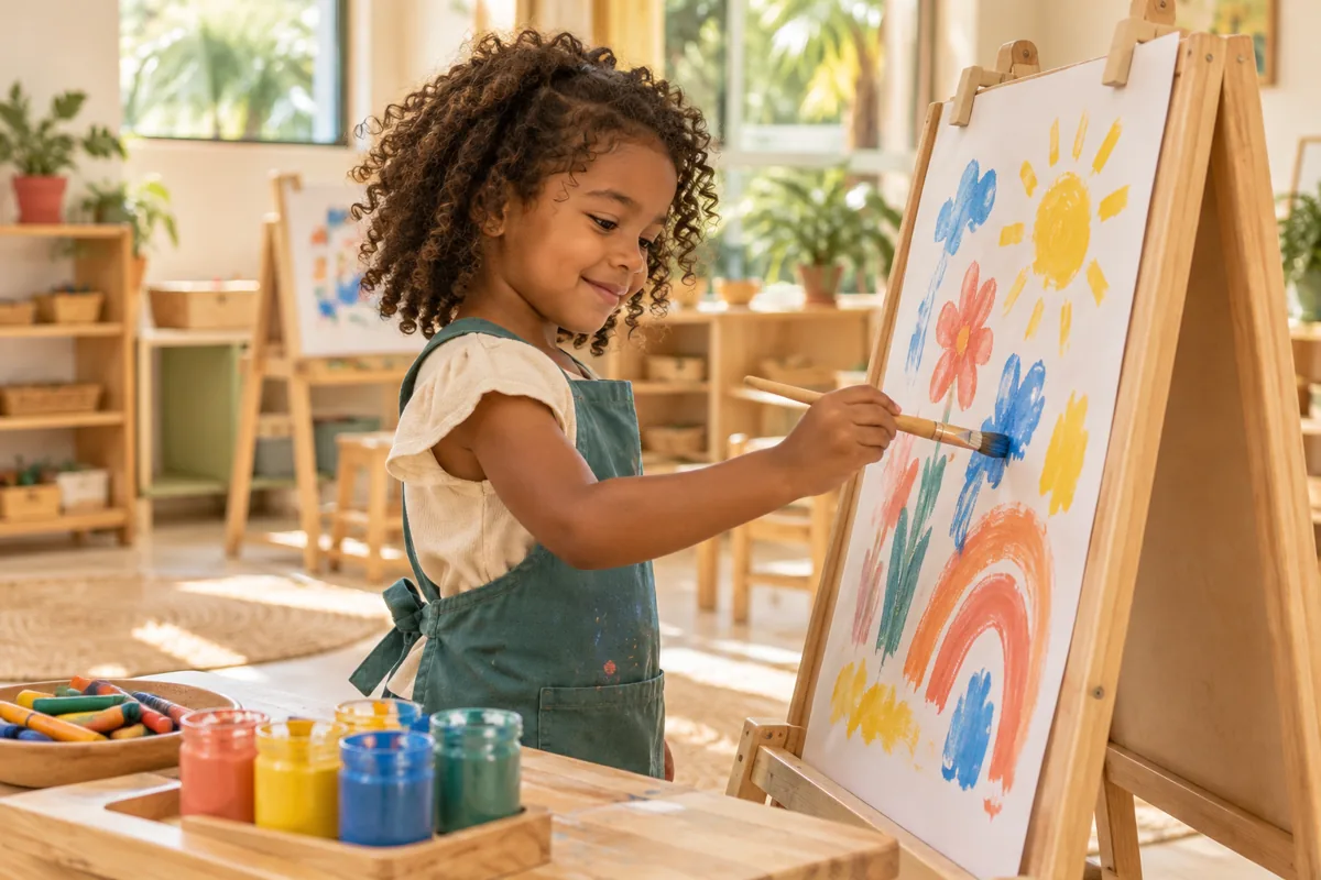 Una niña creando una pintura en su caballete